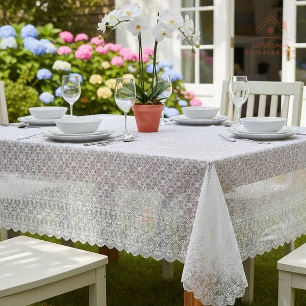 White Lace PVC Table Cover | 137 cm × 183 cm | Elegant Cut Design | Waterproof & Easy Clean - Souk Al Ras