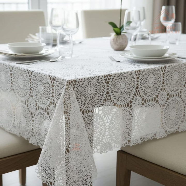 White Pearl PVC Table Cover Roll | 137 cm × 18 m | Elegant Lace Pattern | Waterproof & Easy to Clean | Guards tables from scratches and heat - Souk Al Ras