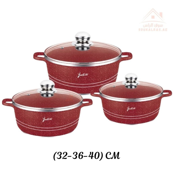 Yum Elife 6 - Piece Granite Die Casting Casserole Set | Large Sizes 32/36/40CM | Heavy Duty Cookware - Souk Al Ras