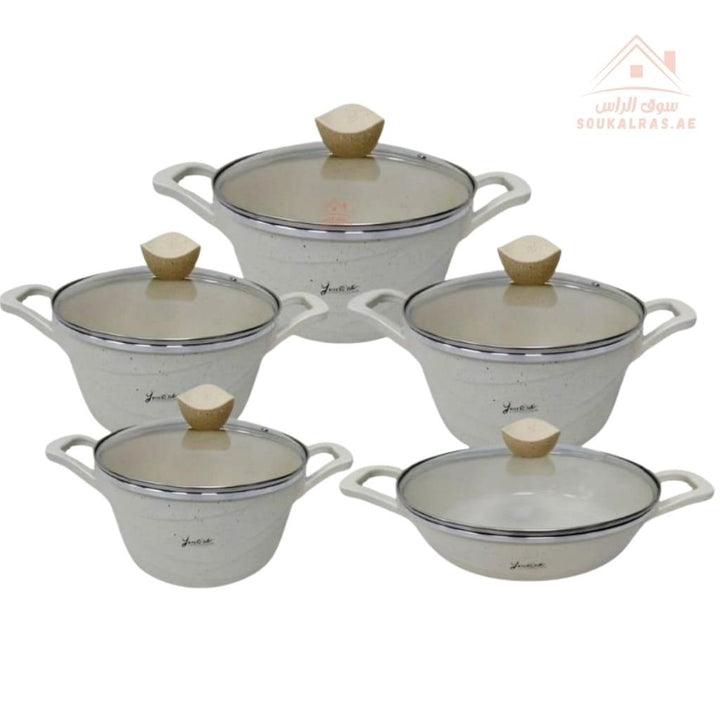 YumElife 10 - Piece Granite Cookware Set | Die - Cast Non - Stick Pots |Heat - Resistant Glass Lids | Suitable for All Stovetops - Souk Al Ras