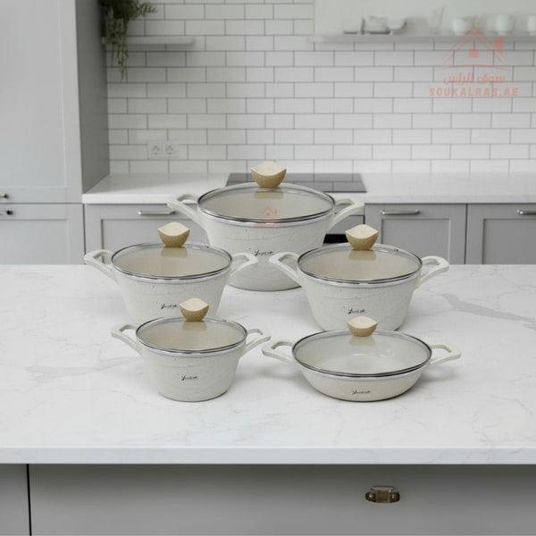 YumElife 10 - Piece Granite Cookware Set | Die - Cast Non - Stick Pots |Heat - Resistant Glass Lids | Suitable for All Stovetops - Souk Al Ras