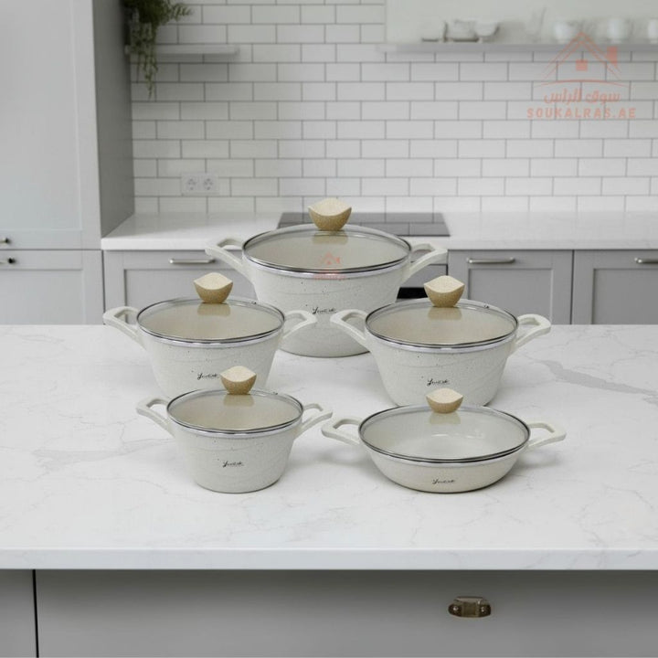 YumElife 10 - Piece Granite Cookware Set | Die - Cast Non - Stick Pots |Heat - Resistant Glass Lids | Suitable for All Stovetops - Souk Al Ras