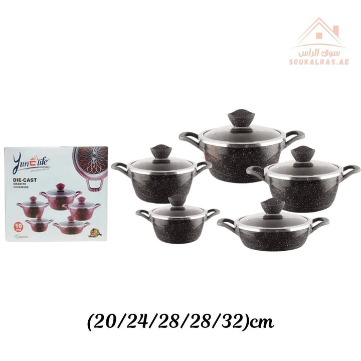Yumelife 10 - Piece Granite Cookware Set |Premium Die - Cast Pots| Perfect for all types of recipes from soups and stews to frying and sautéing. - Souk Al Ras
