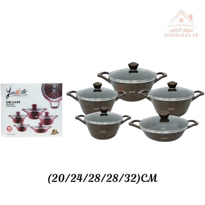 Yumelife 10 - Piece Granite Cookware Set |Premium Die - Cast Pots| Perfect for all types of recipes from soups and stews to frying and sautéing. - Souk Al Ras