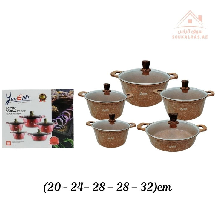 Yumelife 10 - Piece Granite Cookware Set |Premium Die - Cast Pots| Perfect for all types of recipes from soups and stews to frying and sautéing. - Souk Al Ras