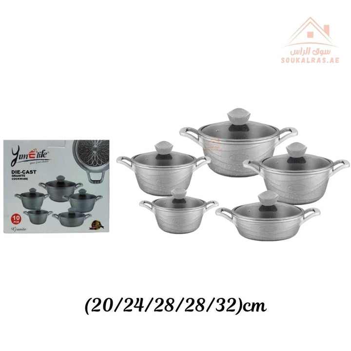 Yumelife 10 - Piece Granite Cookware Set |Premium Die - Cast Pots| Perfect for all types of recipes from soups and stews to frying and sautéing. - Souk Al Ras