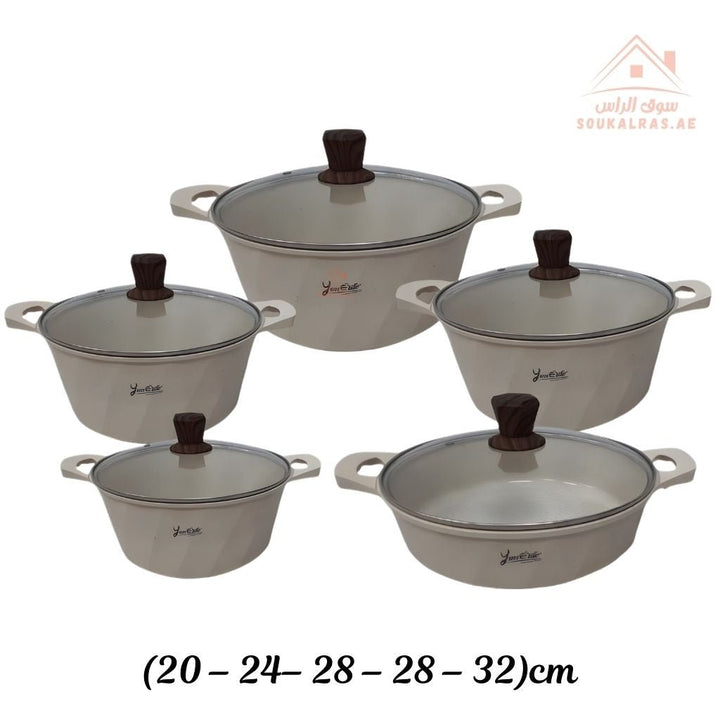 Yumelife 10 - Piece Granite Cookware Set |Premium Quality with Wooden - Style Handles| Perfect for all types of recipes — from soups and stews to frying and sautéing. - Souk Al Ras