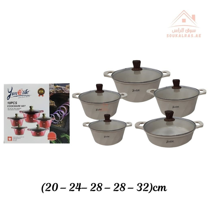 Yumelife 10 - Piece Granite Cookware Set |Premium Quality with Wooden - Style Handles| Perfect for all types of recipes — from soups and stews to frying and sautéing. - Souk Al Ras