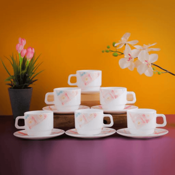 12 PCS Opal ware Cup and Saucer Set - Souk Al RasDrinkware