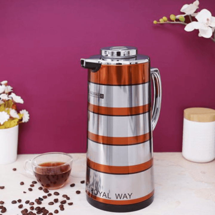 1.3L Golden Figured Vacuum Flask - Portable Insulated Thermos Hot - Cold - Dallah - Souk Al RasVacuum Flasks and Thermos