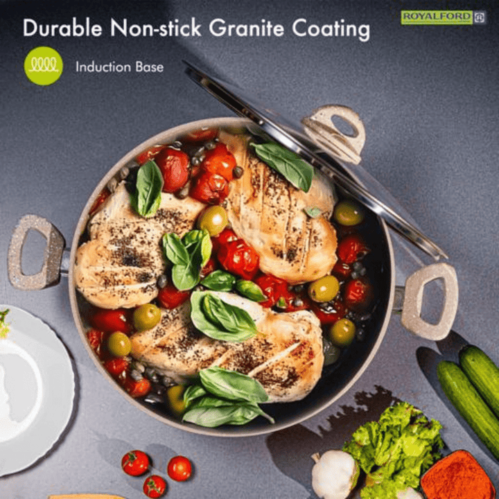 22CM Smart Granite Casserole with Glass Lid | Durable Non - Stick Cookware | Beige - Souk Al RasPots & Pans