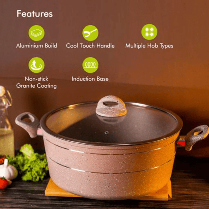 22CM Smart Granite Casserole with Glass Lid | Durable Non - Stick Cookware | Beige - Souk Al RasPots & Pans