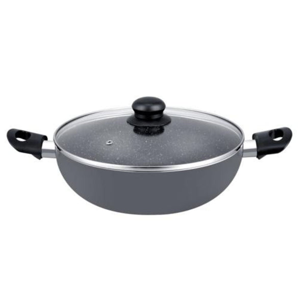 26CM Aluminium Wok Pan with Glass Lid 26 cm - with Granite Non - Stick Coating - Frying Pan Induction Compatible and Durable - Souk Al RasCookware