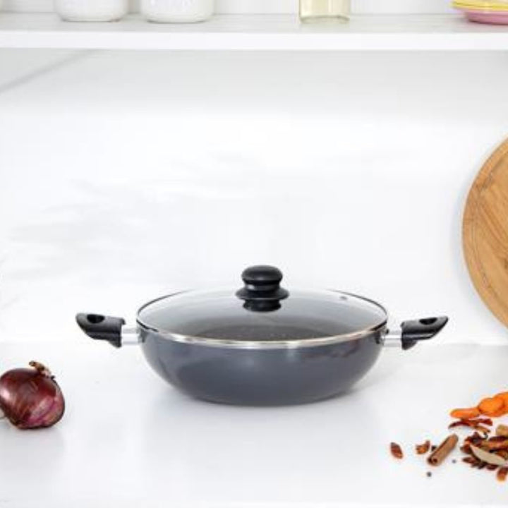 28CM Aluminium Wok Pan with Glass Lid - with Granite Non - Stick Coating - Frying Pan Induction Compatible and Durable - Souk Al RasCookware