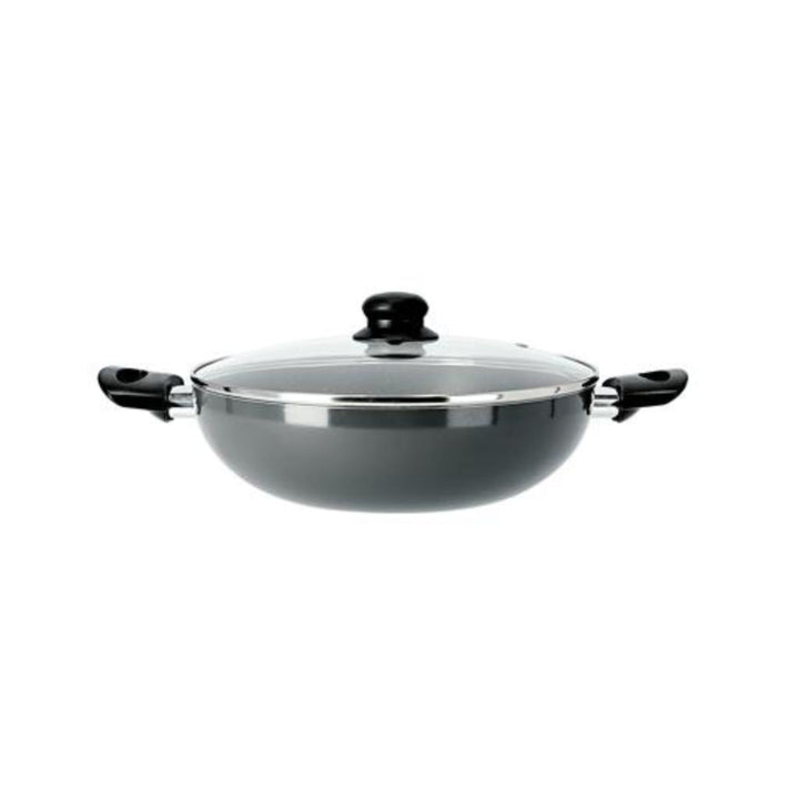 28CM Aluminium Wok Pan with Glass Lid - with Granite Non - Stick Coating - Frying Pan Induction Compatible and Durable - Souk Al RasCookware