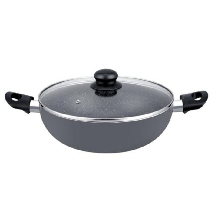 28CM Aluminium Wok Pan with Glass Lid - with Granite Non - Stick Coating - Frying Pan Induction Compatible and Durable - Souk Al RasCookware