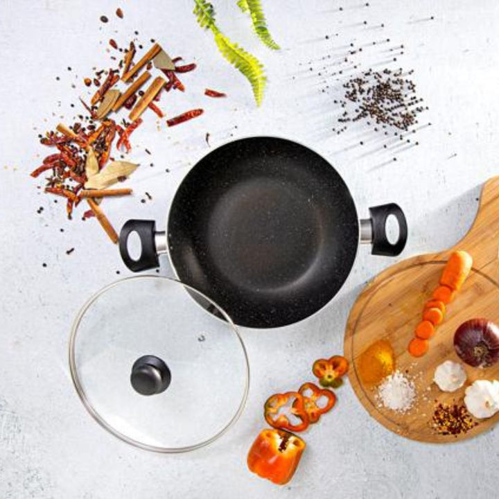 28CM Aluminium Wok Pan with Glass Lid - with Granite Non - Stick Coating - Frying Pan Induction Compatible and Durable - Souk Al RasCookware