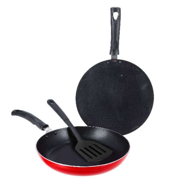 3Piece Set Frypan and Tawa with Turner -Red and Black
