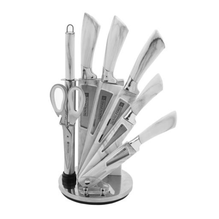 8Pc Kitchen Knife Set with Rotating Block - 5 Stainless Steel Knives - Souk Al RasCutlery & Flatware