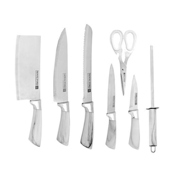 8Pc Kitchen Knife Set with Rotating Block - 5 Stainless Steel Knives - Souk Al RasCutlery & Flatware