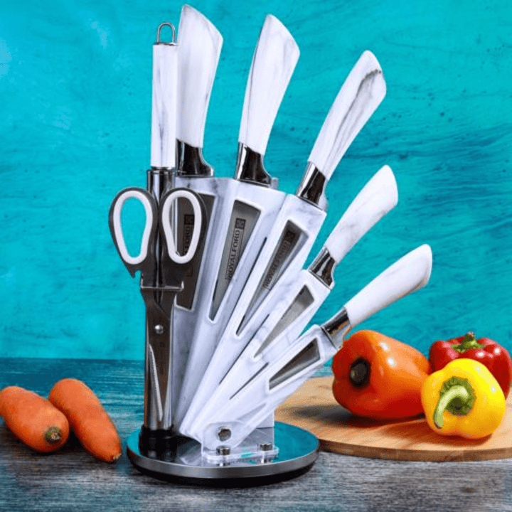 8Pc Kitchen Knife Set with Rotating Block - 5 Stainless Steel Knives - Souk Al RasCutlery & Flatware