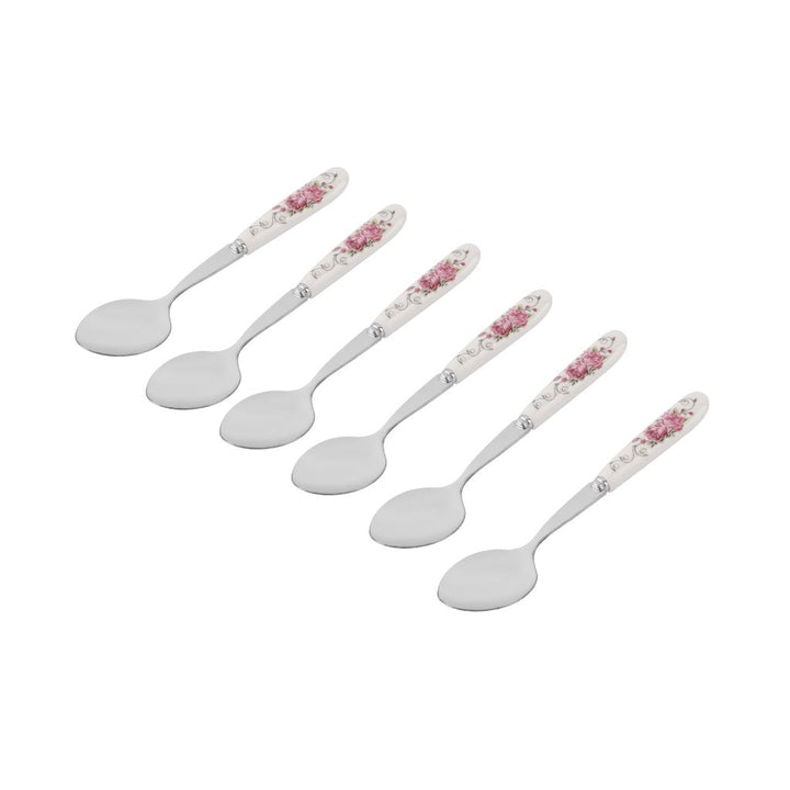 DELCASA 6-Piece Stainless Steel Dinner Spoons with Floral Handle Pattern - Dishwasher Safe, Mirror Finish Cutlery Set