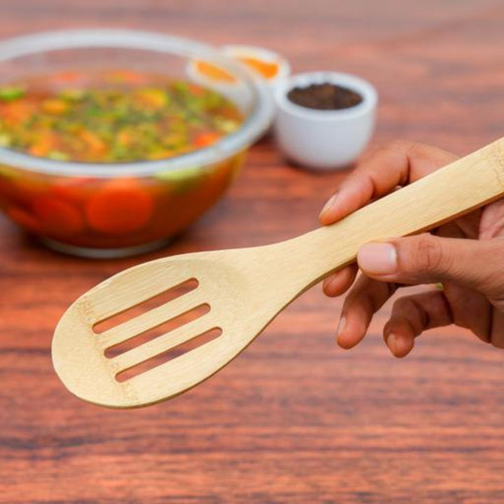 DELCASA Bamboo Slotted Cooking & Frying Spoon - Resists High Heat & Corrosion - Safe for Use on Pots & Pans - Perfect for Frying, Serving, & Cooking