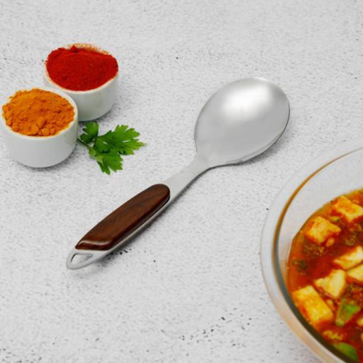 DELCASA Elegant Stainless Steel Rice Spoon with Wooden Handle - 26x7.8CM - Dishwasher Safe - Perfect for Rice, Soup, Desserts & More - Dinner CutleryCrockery Utensil