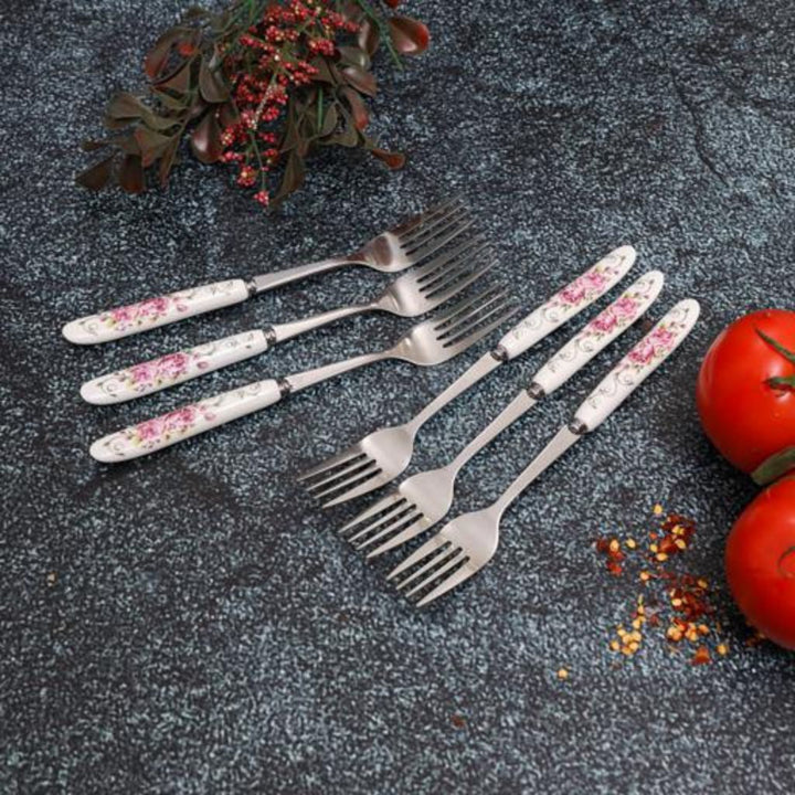 DELCASA Floral Handle Pattern Stainless Steel Dinner Forks - Set of 6 - Perfect for Dining