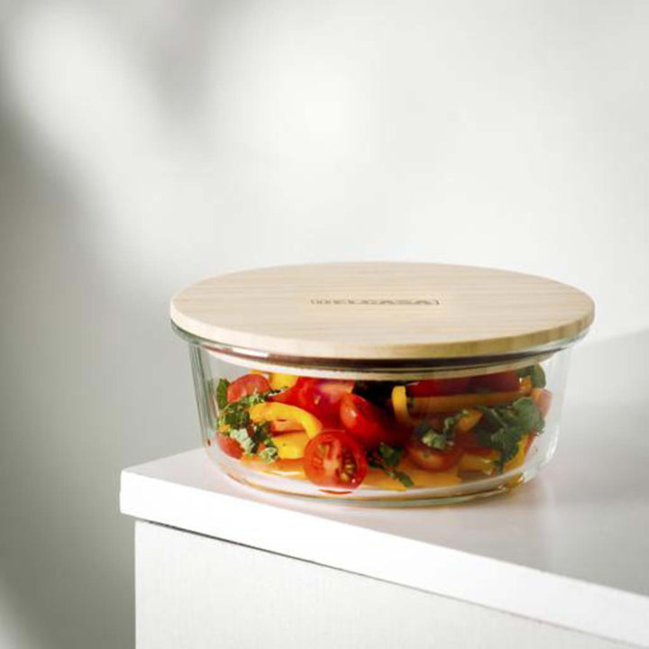 DELCASA Glass Round Container w/ Bamboo Lid - 650ML
