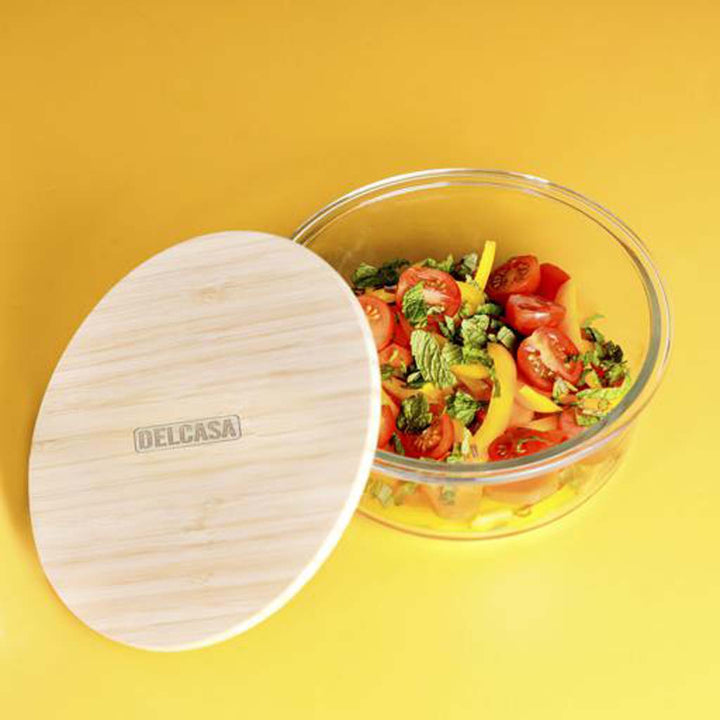 DELCASA Glass Round Container w Bamboo Lid - 400ML