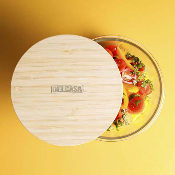 DELCASA Glass Round Container w/ Bamboo Lid - 950ML