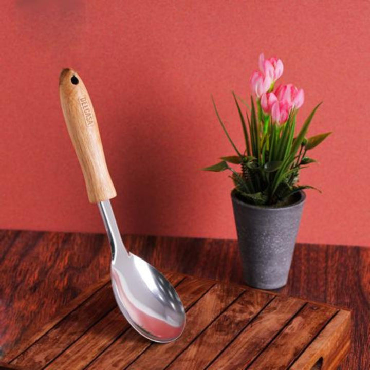 DELCASA Solid Stainless Steel Spoon with Wooden Handle