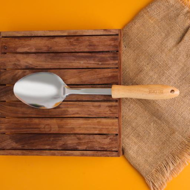 DELCASA Solid Stainless Steel Spoon with Wooden Handle