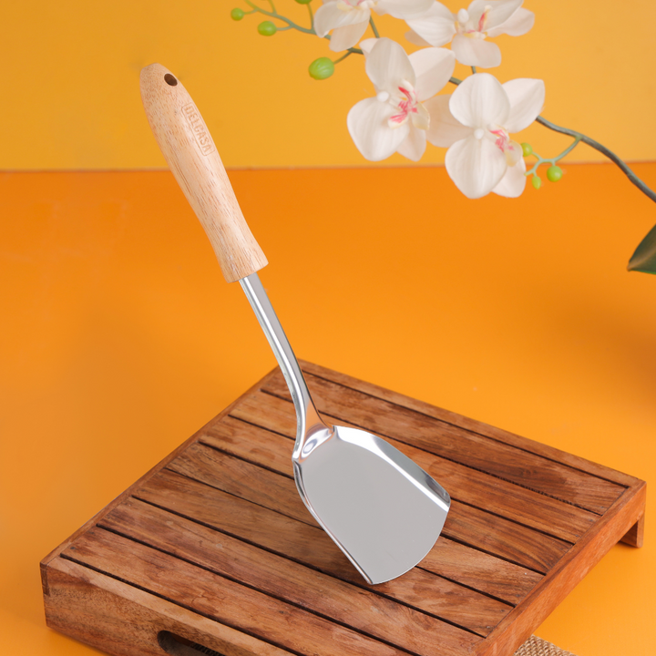 High-Quality Stainless Steel Solid Turner with Wooden Handle