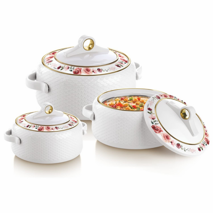 Nayasa Coral Thermal Insulated Casserole Hot Pot - 3-Piece Set (1L, 1.5L, 2L) in White