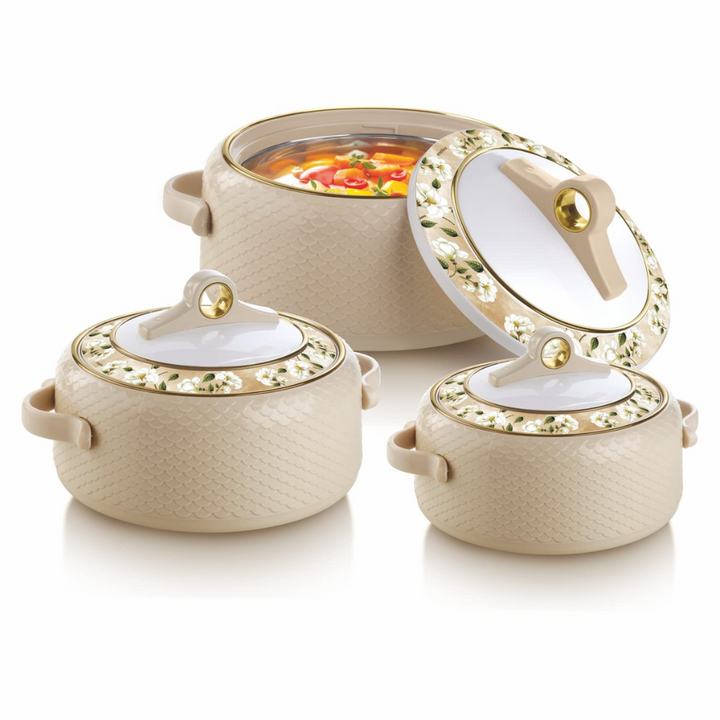 Nayasa Coral Thermal Insulated Casserole Hot Pot - 3-Piece Set (1L, 1.5L, 2L) in Cream