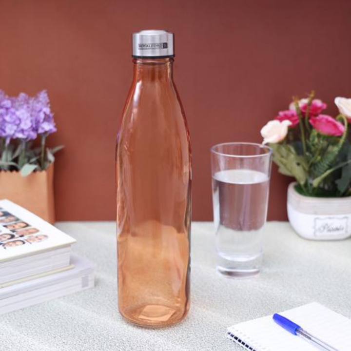 ROYALFORD 1L Glass Bottle with Portable Steel Cap - Lead-Free, Travel Flask