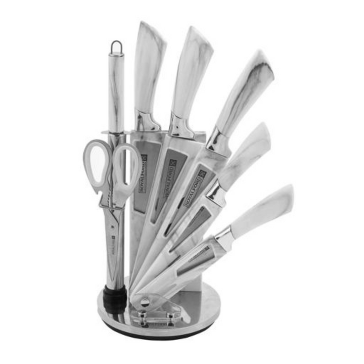 ROYALFORD 8-Pc Kitchen Knife Set with Rotating Block - 5 Stainless Steel Knives