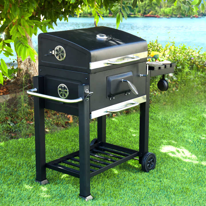 ROYALFORD Wheeled Barbecue Stand with Grill, Iron Construction & Easy Transport