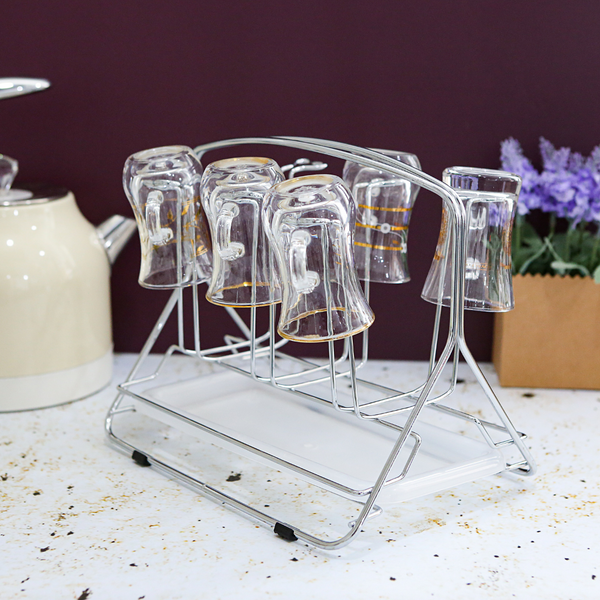 Stainless Steel Glass Rack With Tray  Glass Drainer Storage Drying Rack  6PCS in UAE