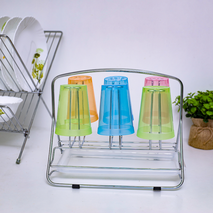 Stainless Steel Glass Rack With Tray  Glass Drainer Storage Drying Rack  6PCS in UAE