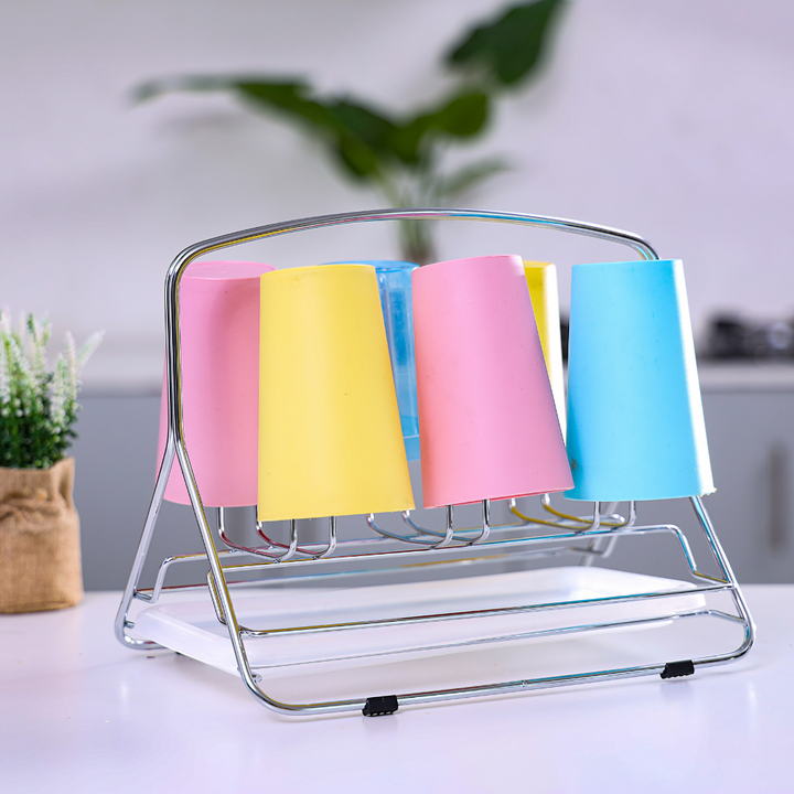 Stainless Steel Glass Rack With Tray  Glass Drainer Storage Drying Rack  6PCS in UAE