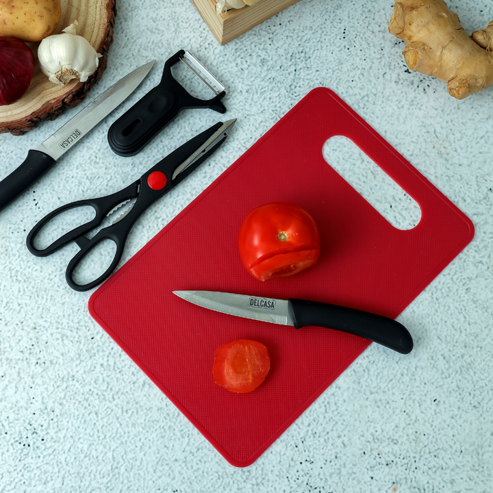 Stainless Steel & Polymer Plastic Set Includes Vegetable Peeler, Food Scissor, Cutting Board, Knife for Kitchen