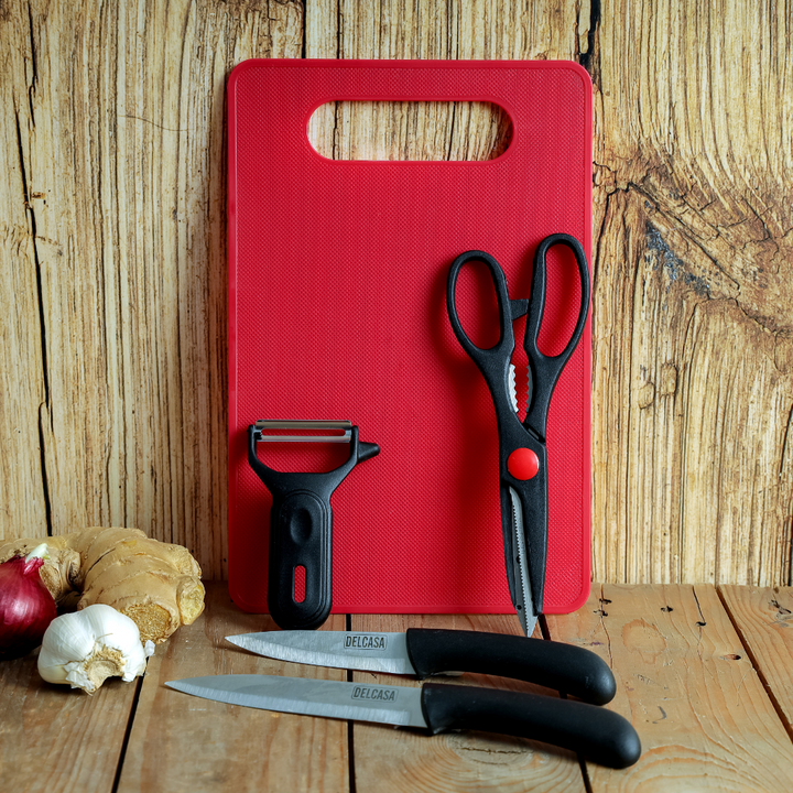 Stainless Steel & Polymer Plastic Set Includes Vegetable Peeler, Food Scissor, Cutting Board, Knife for Kitchen