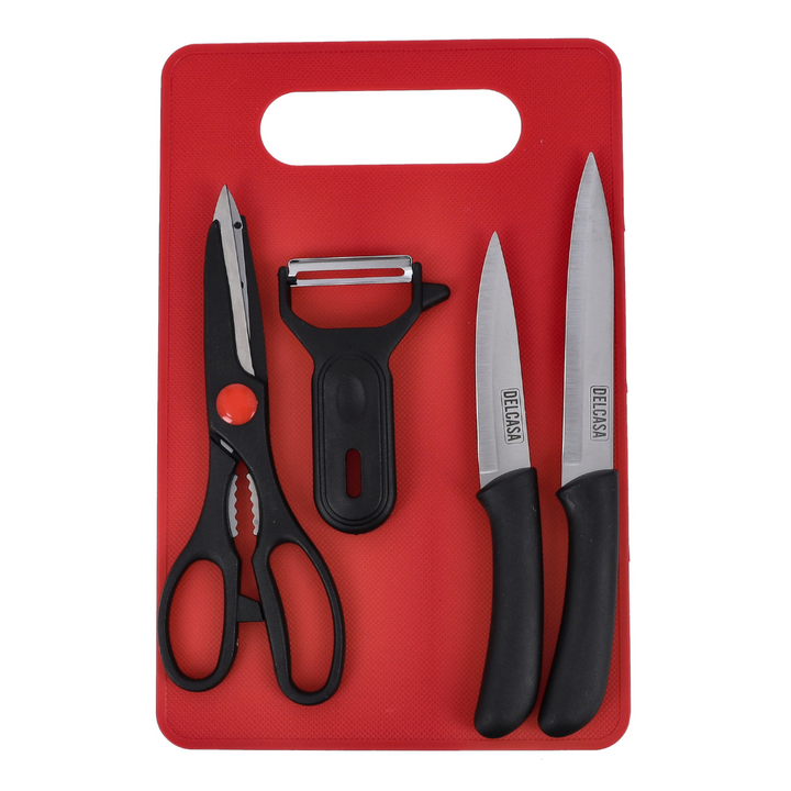 Stainless Steel & Polymer Plastic Set Includes Vegetable Peeler, Food Scissor, Cutting Board, Knife for Kitchen