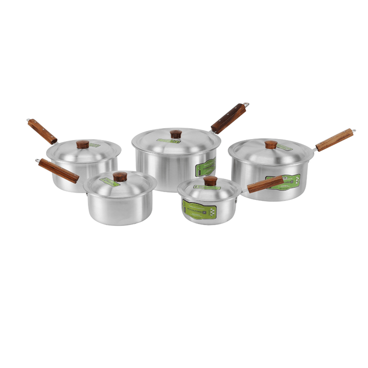 Aluminium Saucepan Set with Wooden Handle 10Pcs (16cm, 19cm, 21cm, 23cm, 26cm) - Souk Al RasCookware Sets