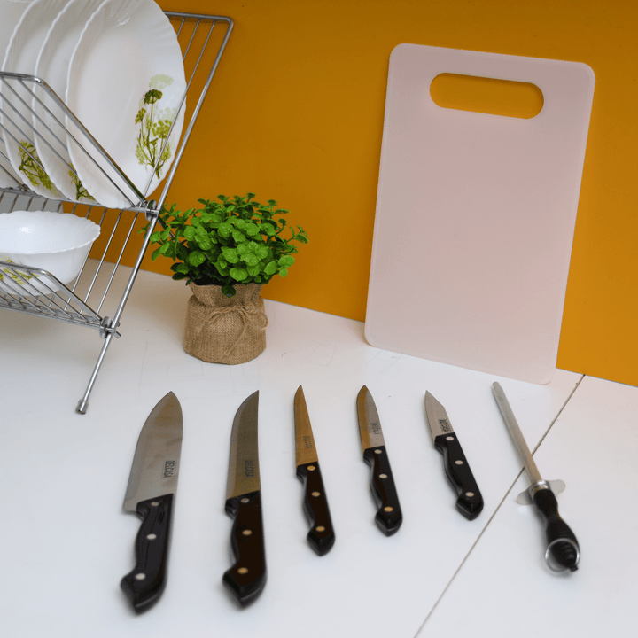 Basic Kitchen Knife Set, Stainless Steel 5 Kitchen Knives Along with Knife Sharpener (7 Pcs Set) - Souk Al RasCutlery & Flatware