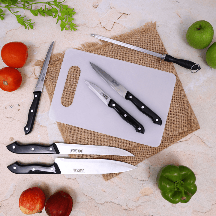 Basic Kitchen Knife Set, Stainless Steel 5 Kitchen Knives Along with Knife Sharpener (7 Pcs Set) - Souk Al RasCutlery & Flatware