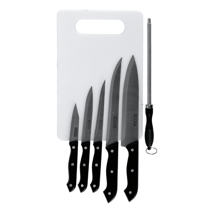 Basic Kitchen Knife Set, Stainless Steel 5 Kitchen Knives Along with Knife Sharpener (7 Pcs Set) - Souk Al RasCutlery & Flatware